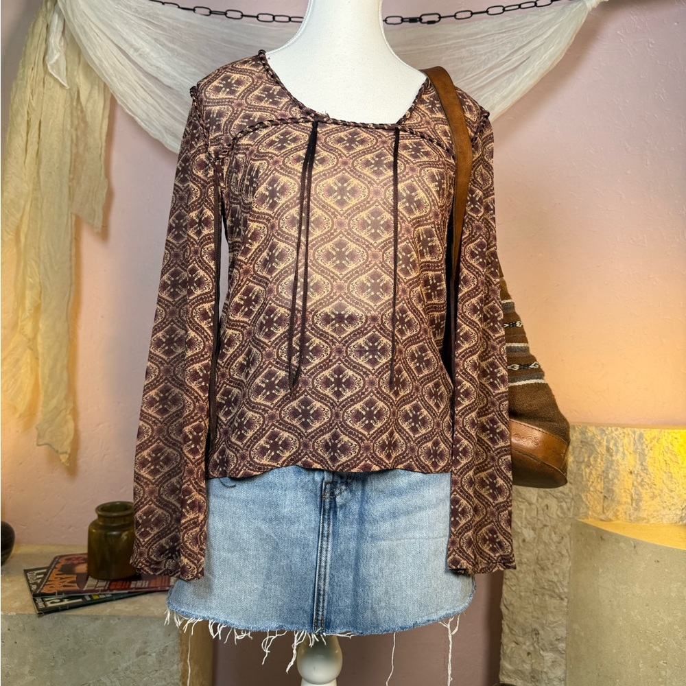 Vintage 100% Silk Blouse Nine West Brown Boho Fairy Grunge Top Medium